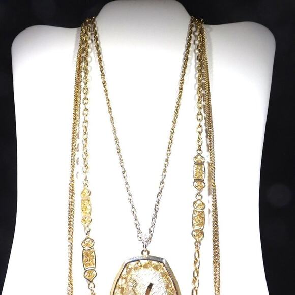 Vintage 3 Strand Necklace, Gold Plated, Goldette Style, Floral Pendant, 1960s - Picture 4 of 9